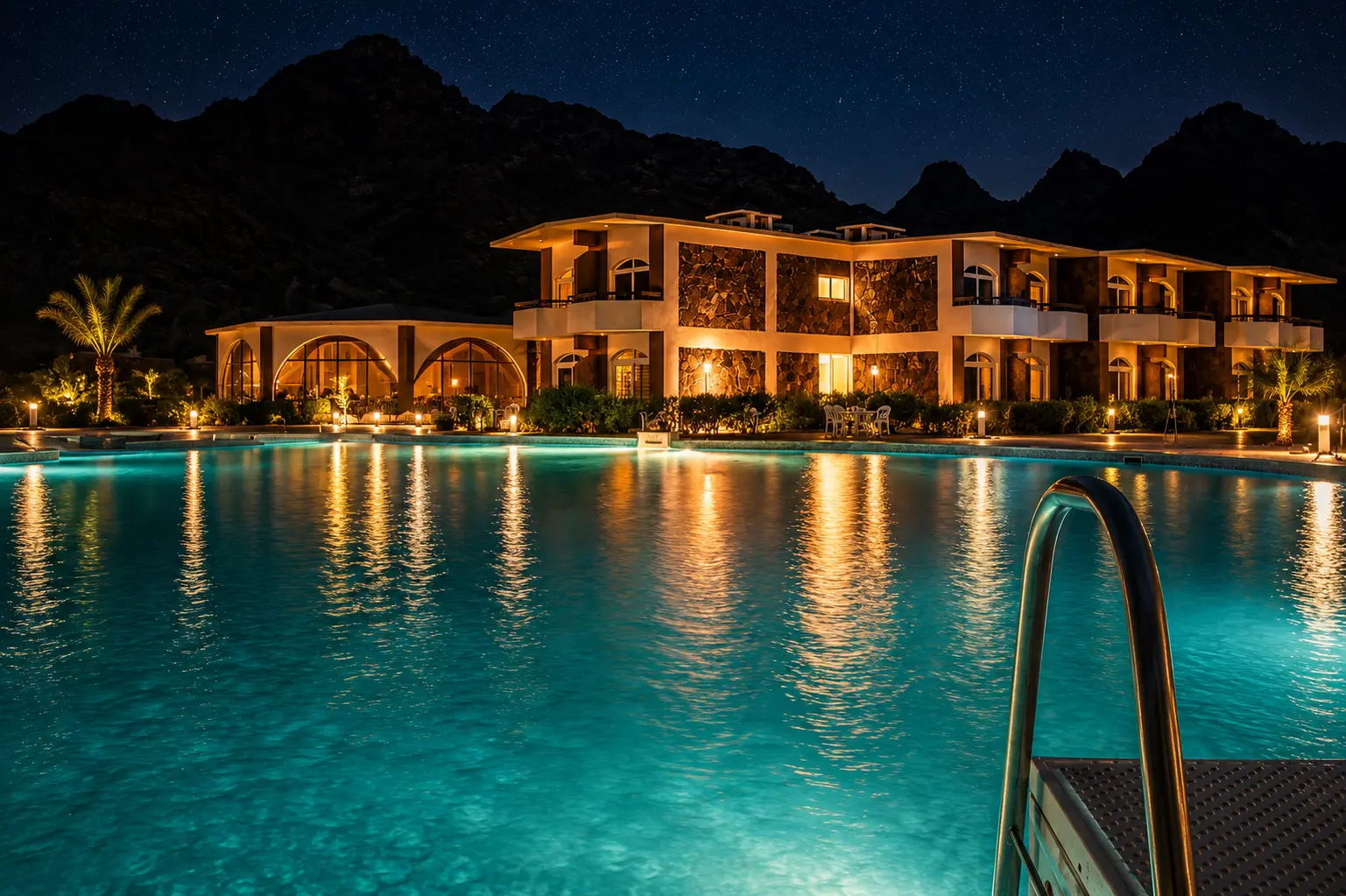 The pool and restaurant lit up under a starry desert night